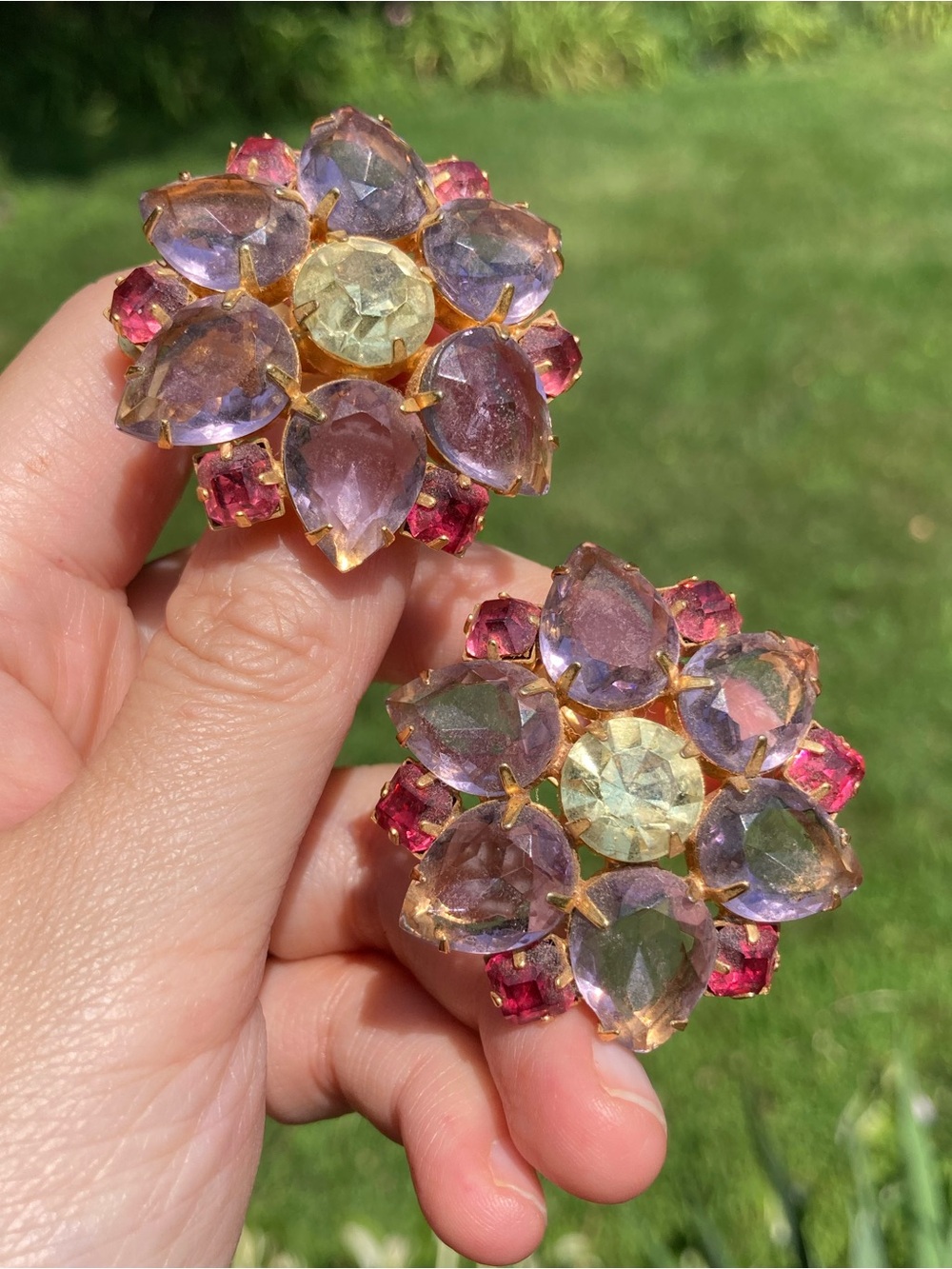 Vintage Large Graziano Multi Colored Rhinestone Clip On Earrings Signed